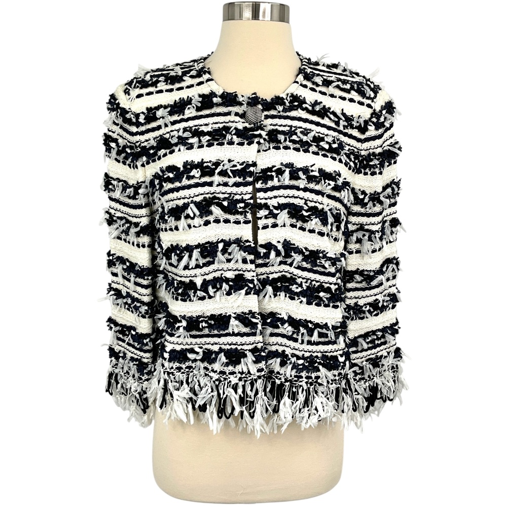 St. John Blazer Jacket Womens Small White Navy Fringe Striped Open Knit